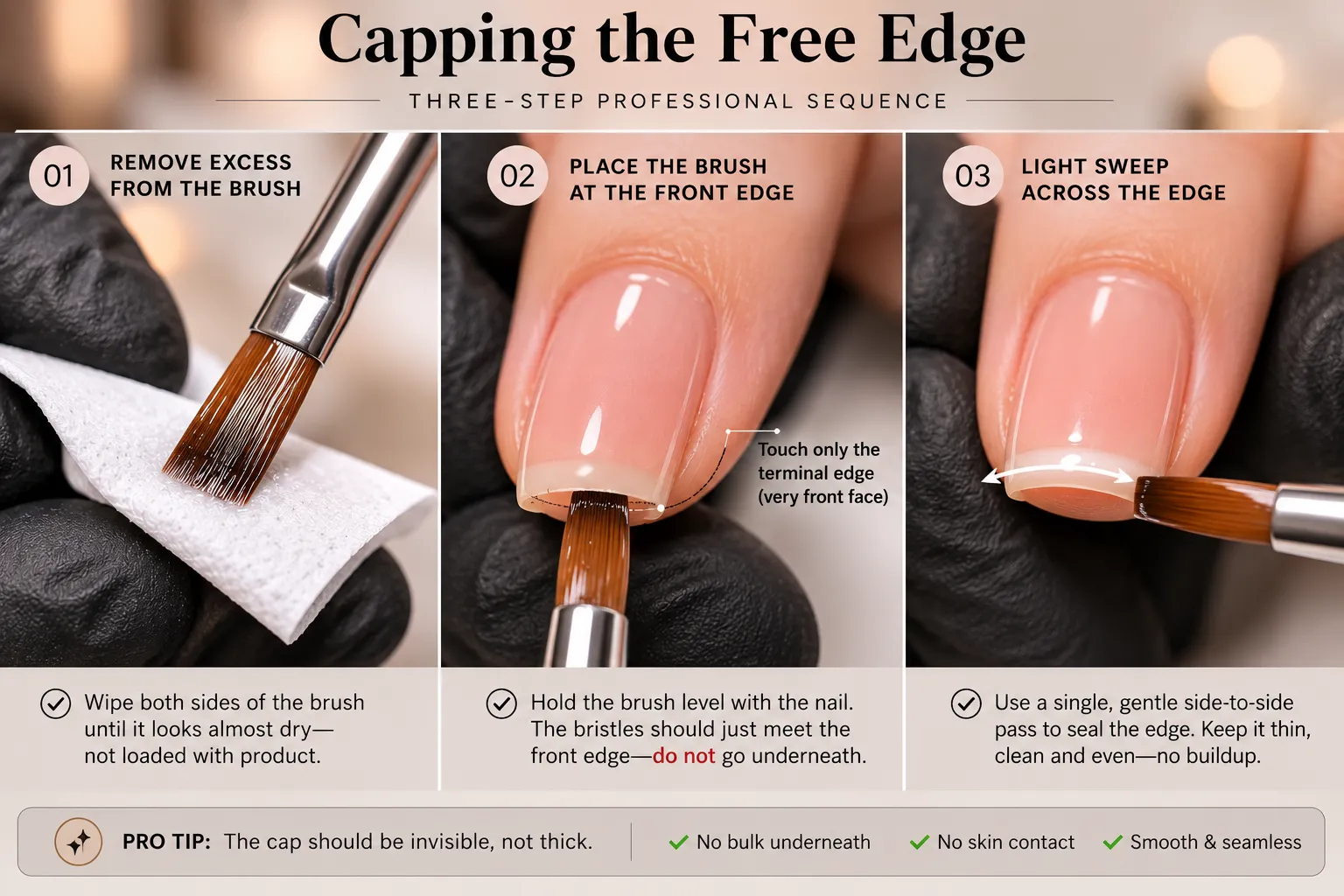 Three-stage macro sequence showing excess product removed from the brush, brush aligned with the nail tip, and a light sweep across the free edge
