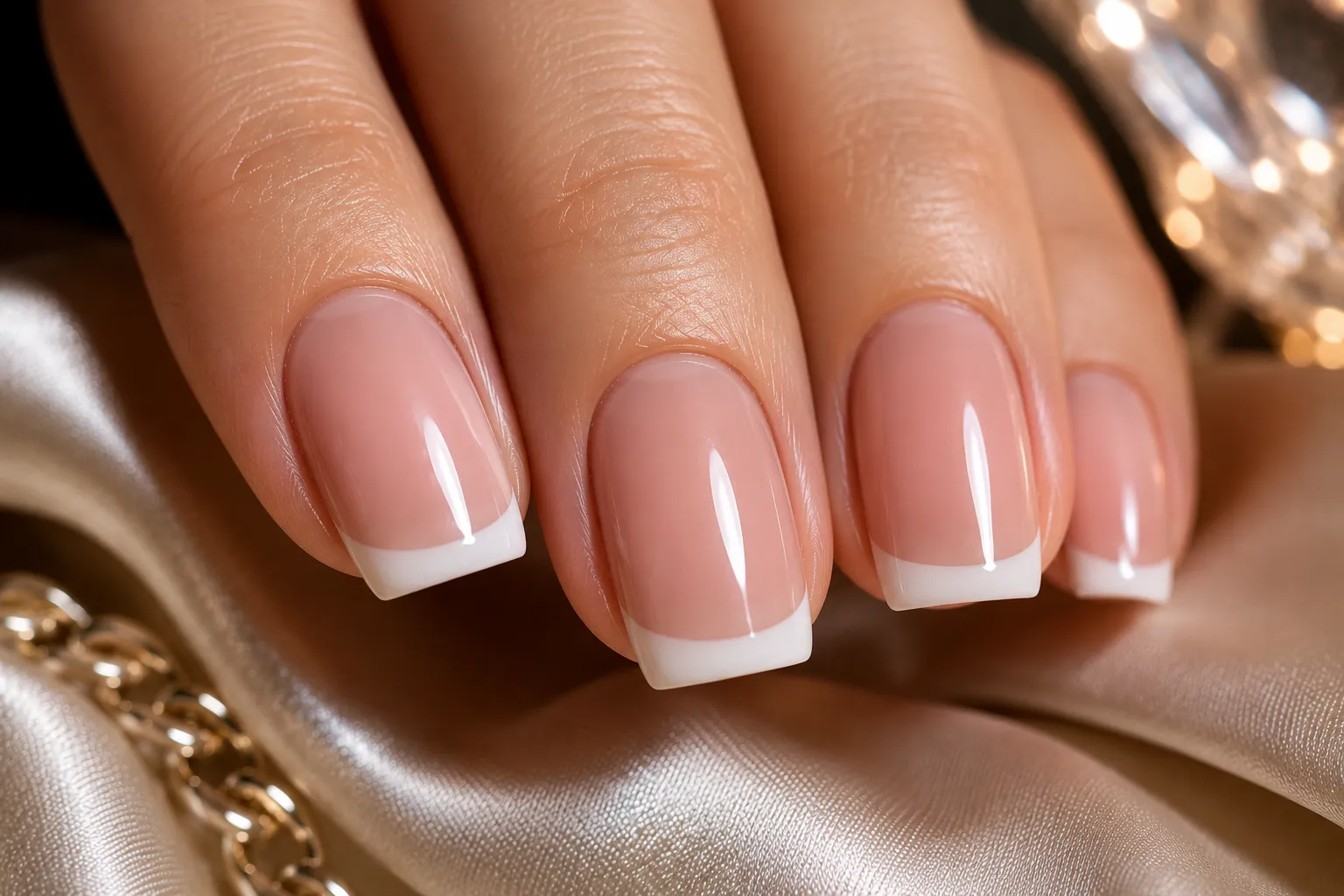Luxury close-up of a finished French manicure with thin smooth evenly sealed free edges