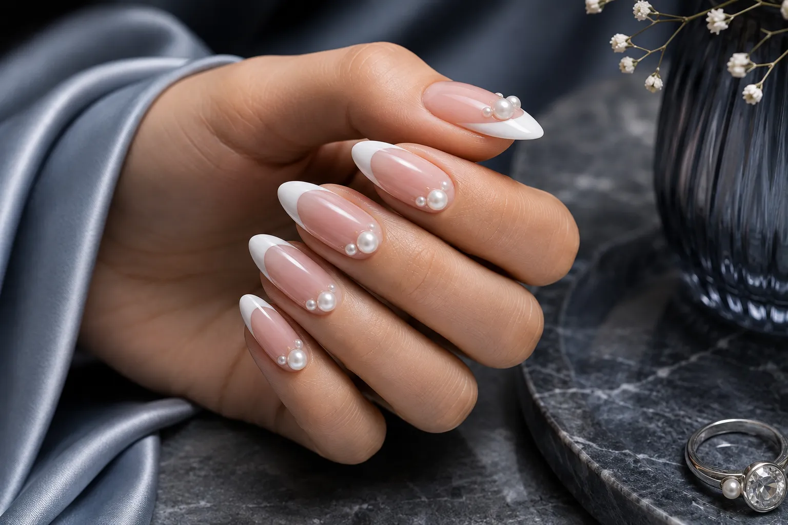 Almond pearl French manicure with raised half pearls creating visible three-dimensional texture