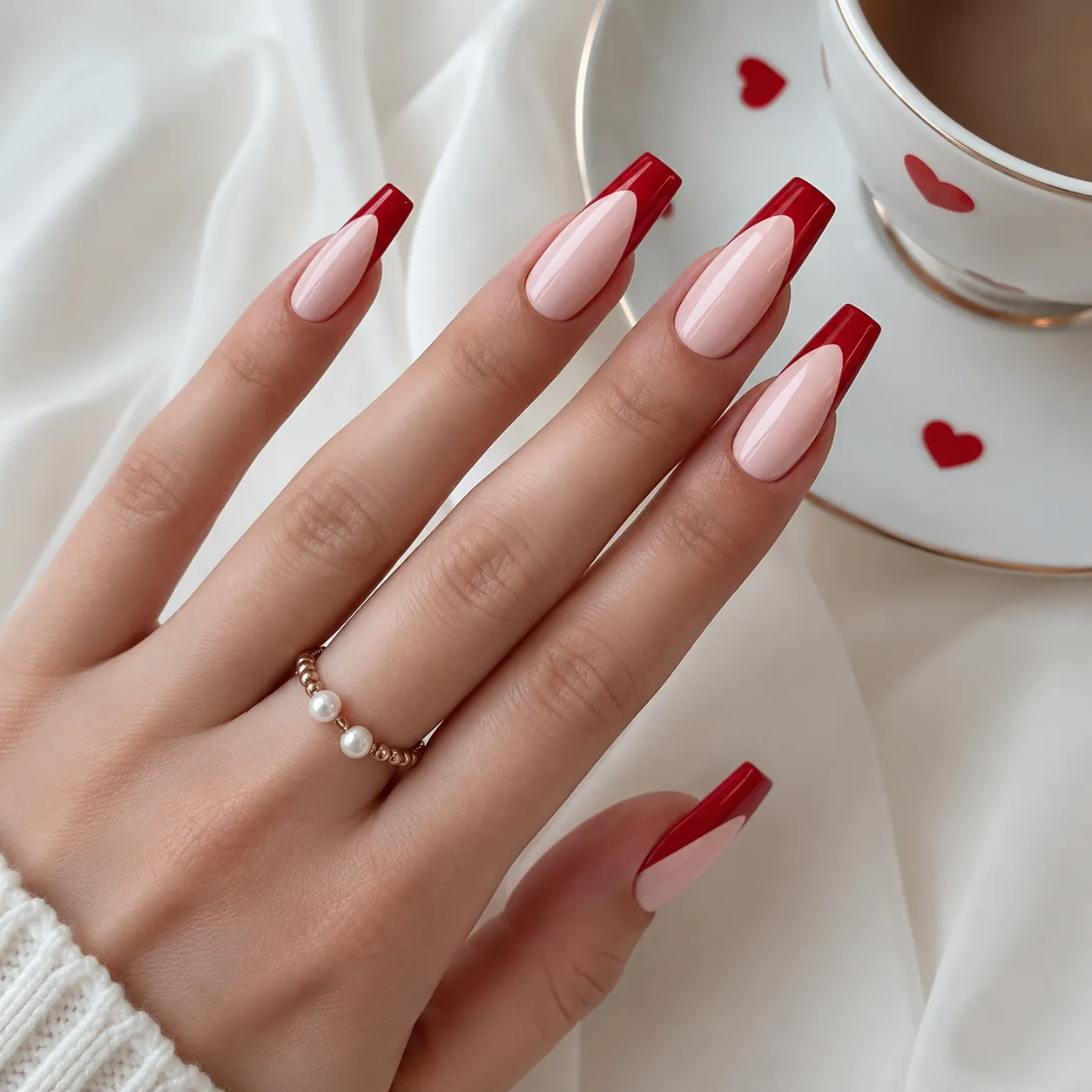 Deep red French tips on long coffin nails with a bold flat tip