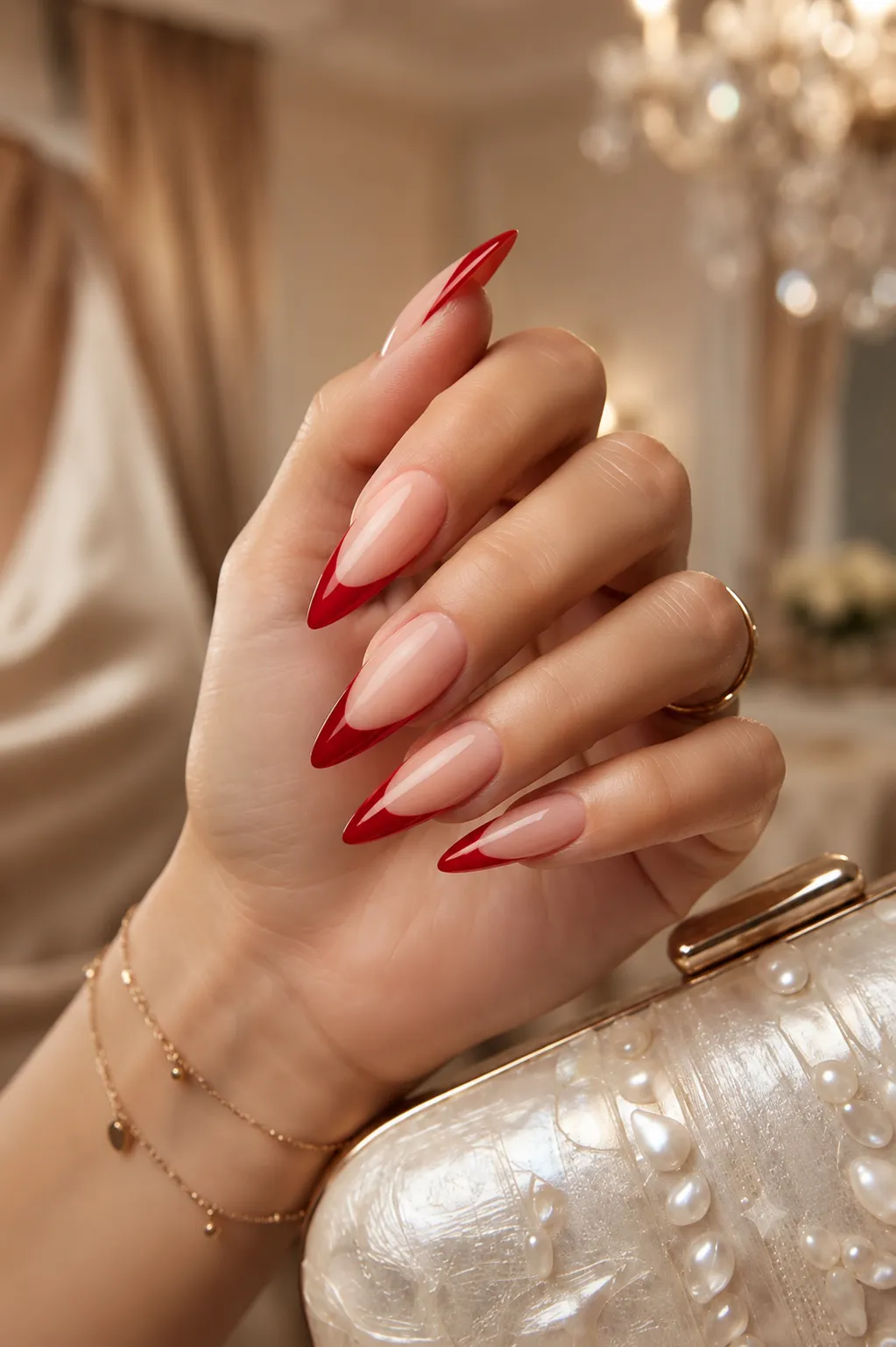 Red French tips on long stiletto nails with a pointed silhouette