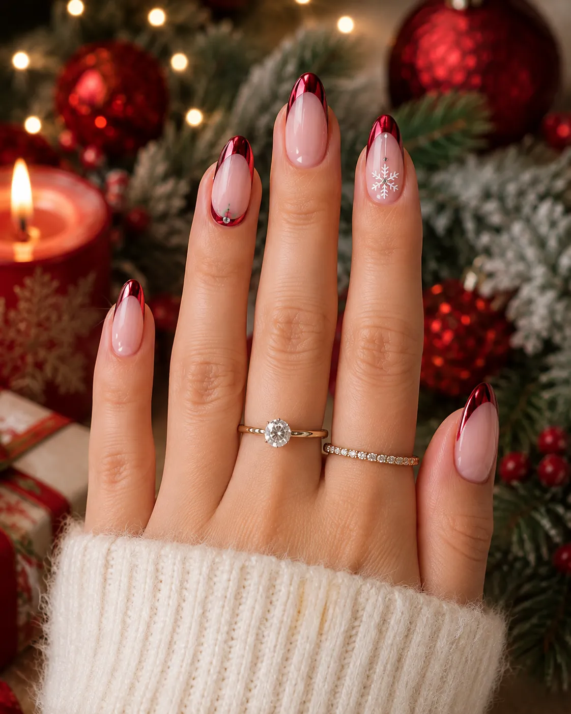 Ruby chrome red French tip nails for Christmas