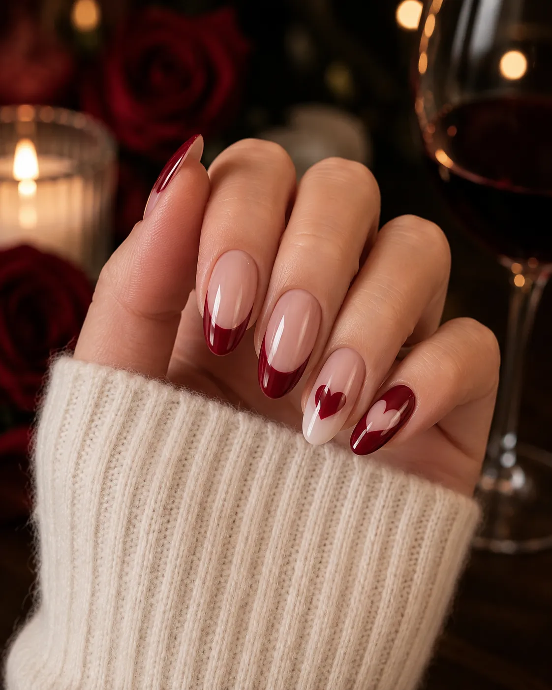 Wine red French tip nails for date night