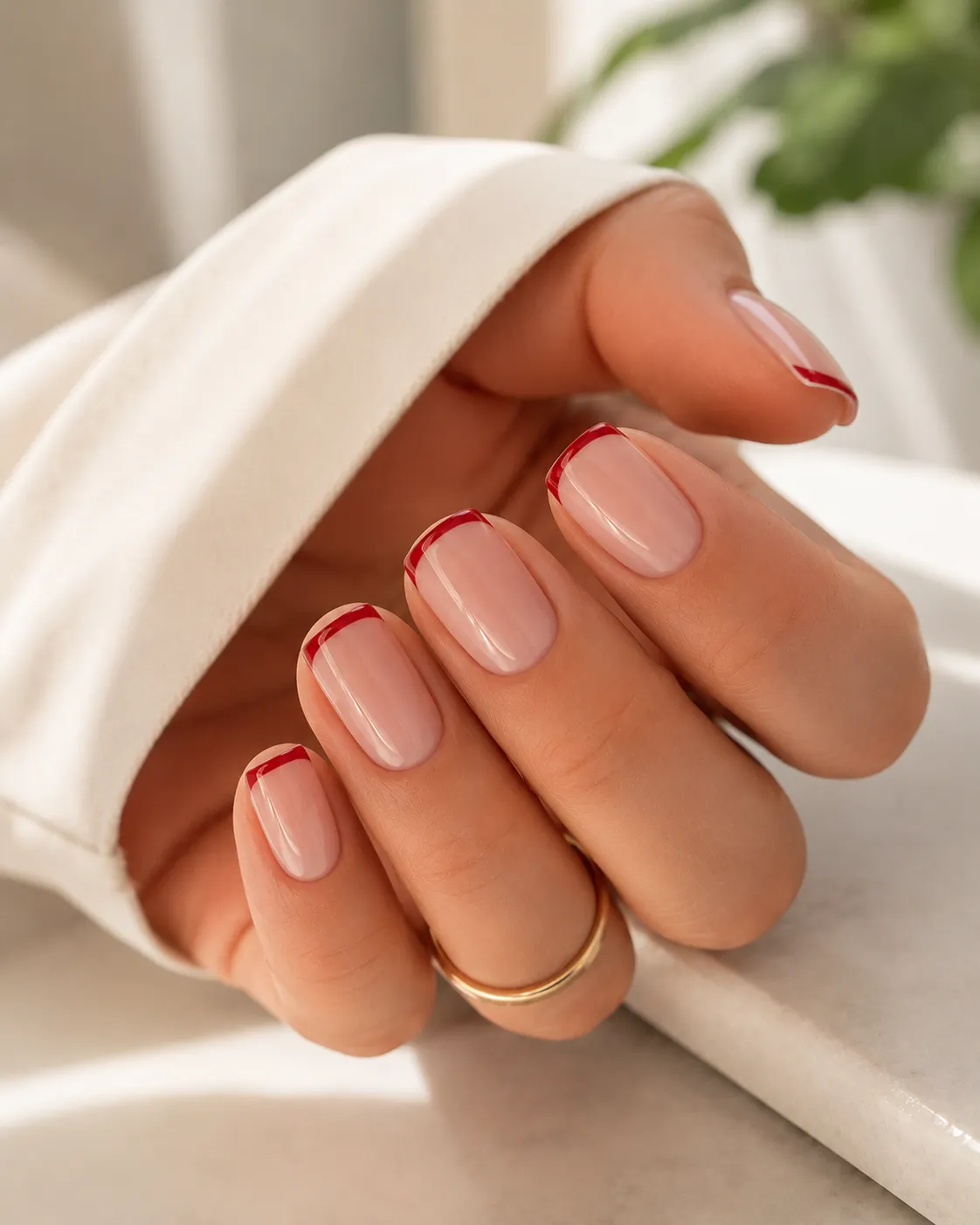 True red French tips on practical squoval nails for everyday wear