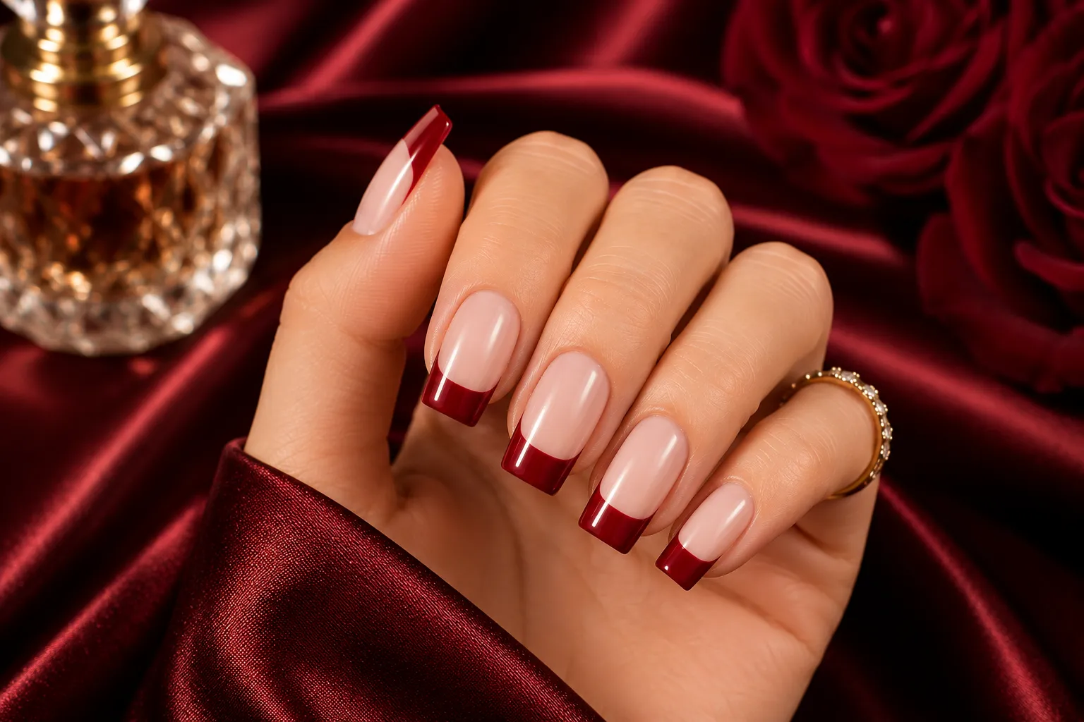 Luxury red French tip nails with glossy deep cherry tips and a sheer nude pink base