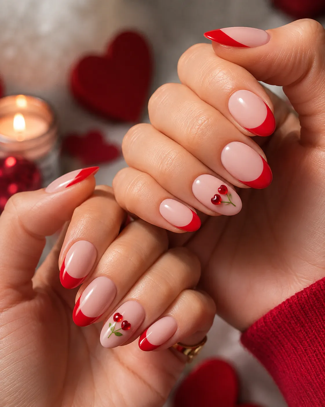 Cherry red French tip nails for Valentine's styling