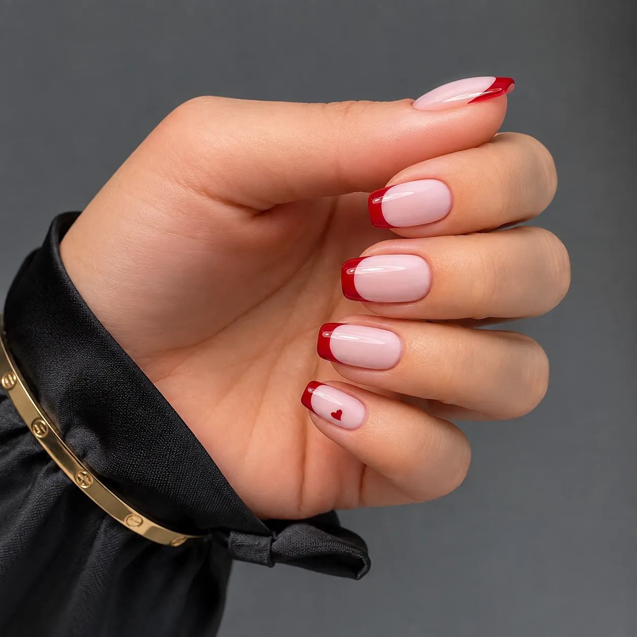 Red French tips on squoval nails with practical soft corners