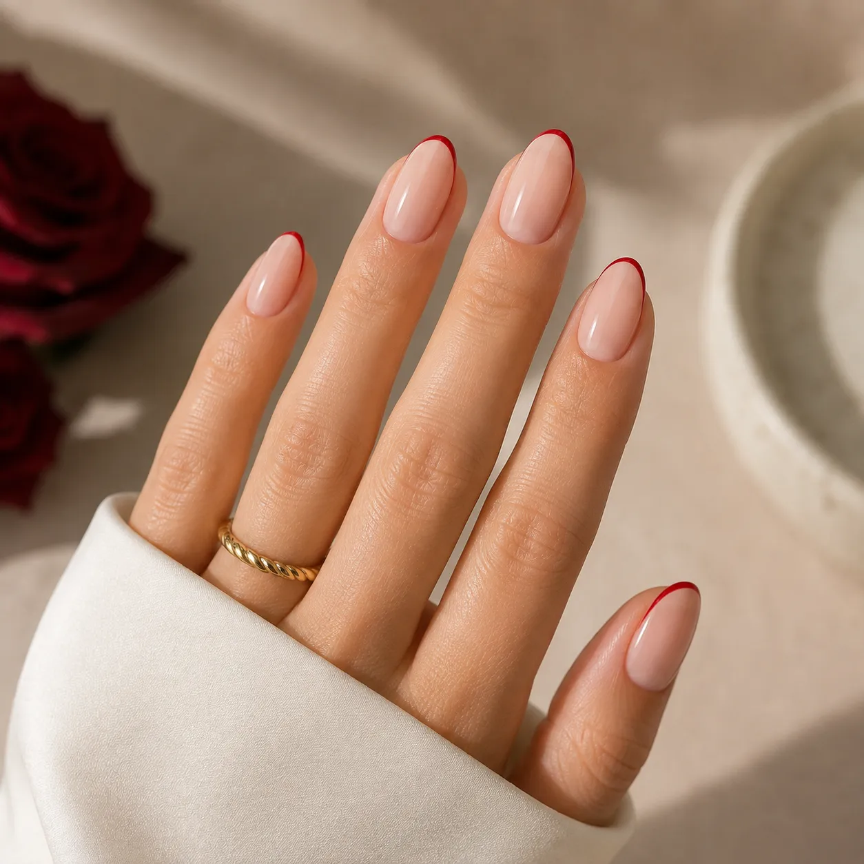 Fine red micro French tips on glossy nude nails
