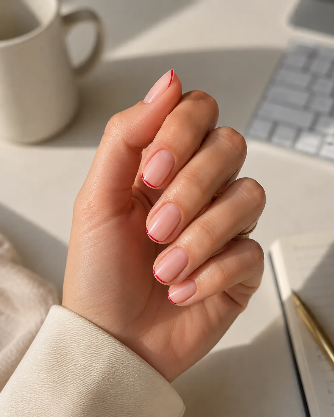 Thin red micro French tips for office wear