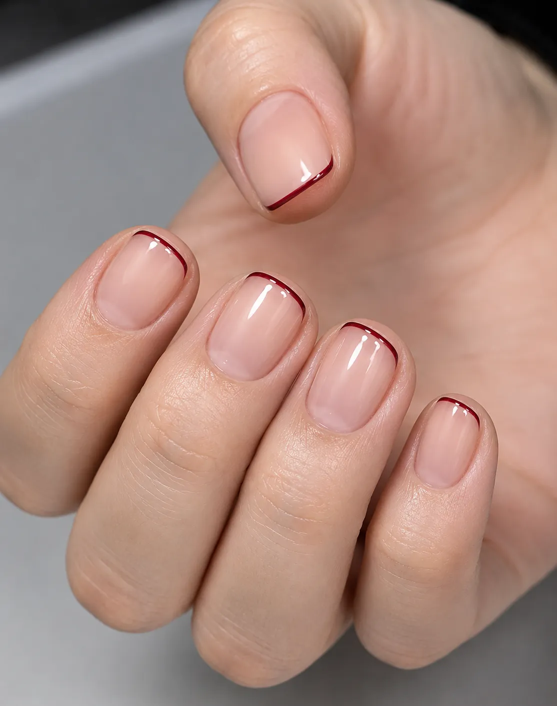 Thin red micro French tips on short natural nails
