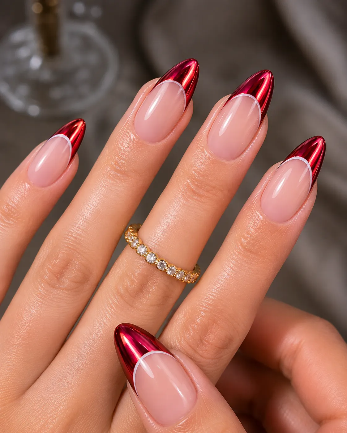 Reflective ruby chrome French tip nails