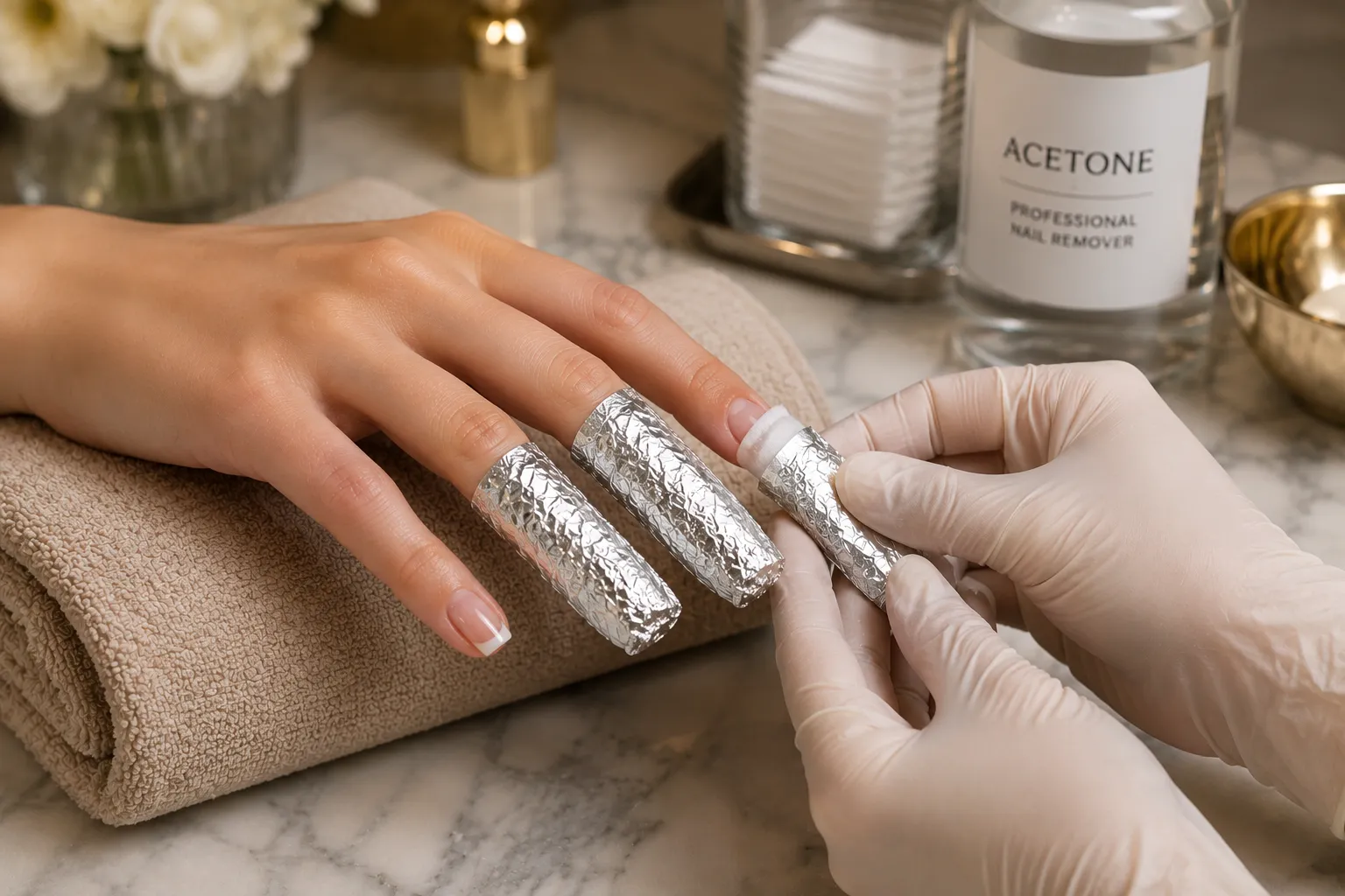 Professional foil-wrap removal of a soak-off French manicure using acetone-soaked pads