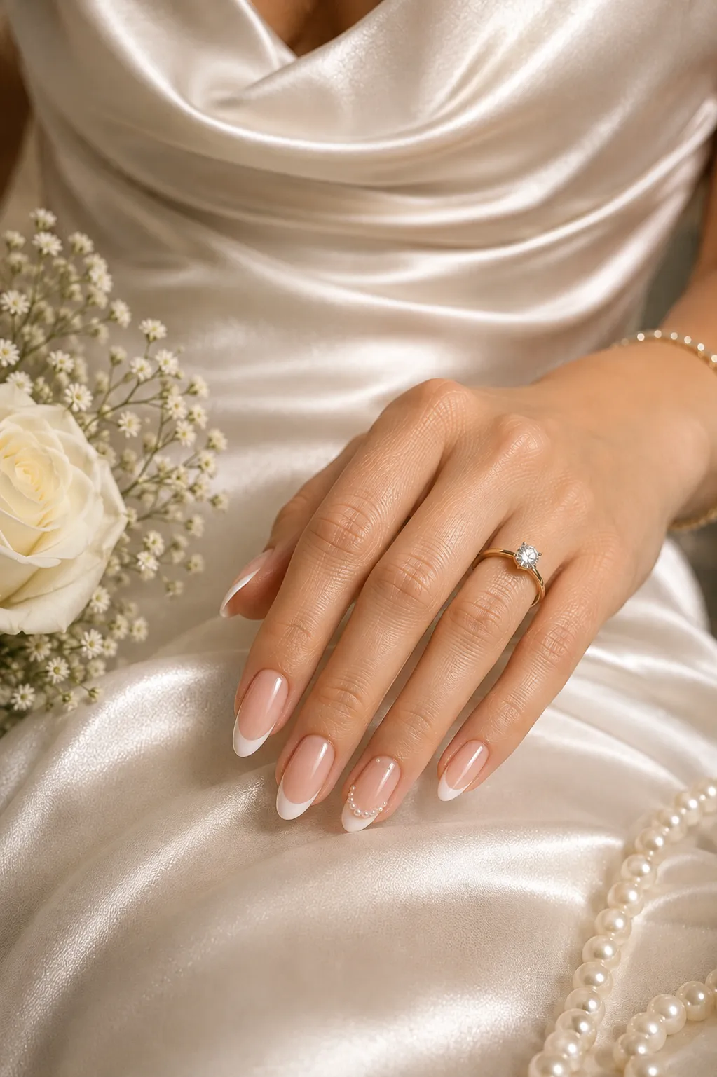 Bride with satin styling wearing almond French tips with one restrained pearl accent nail