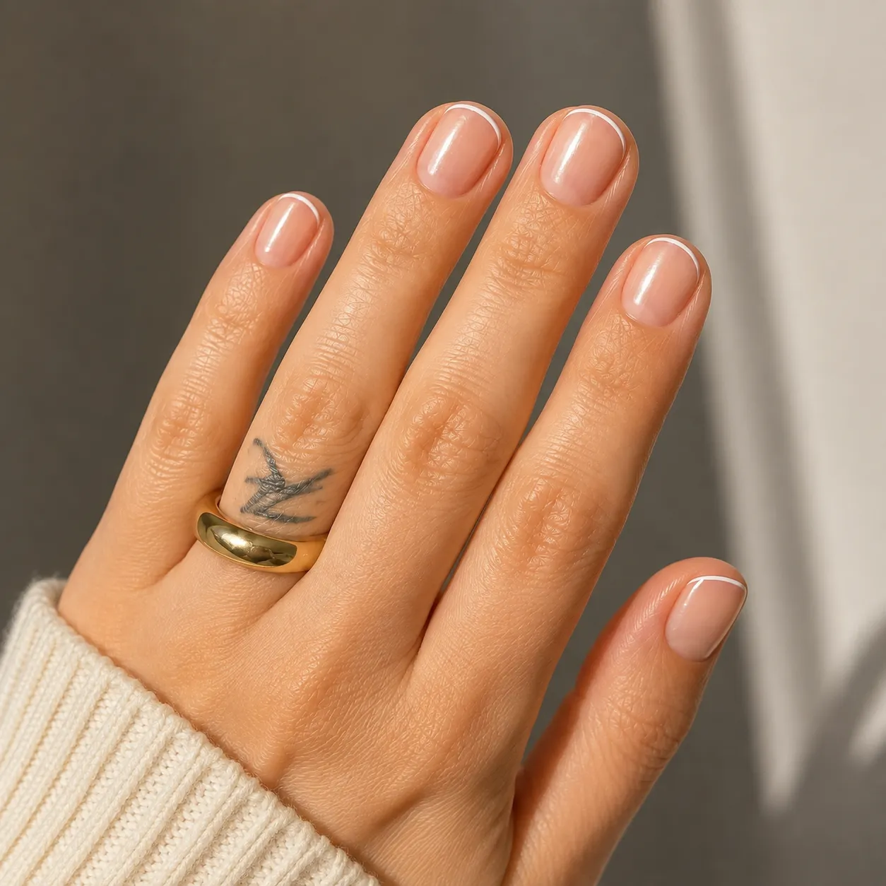 Short natural nails with delicate white micro French tips