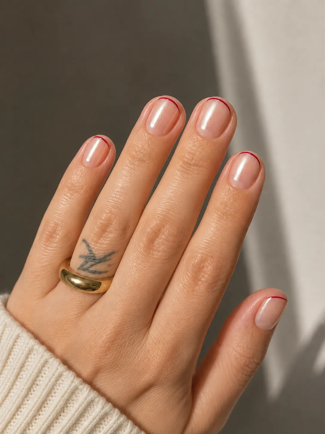 Short round natural nails with thin glazed micro French tips