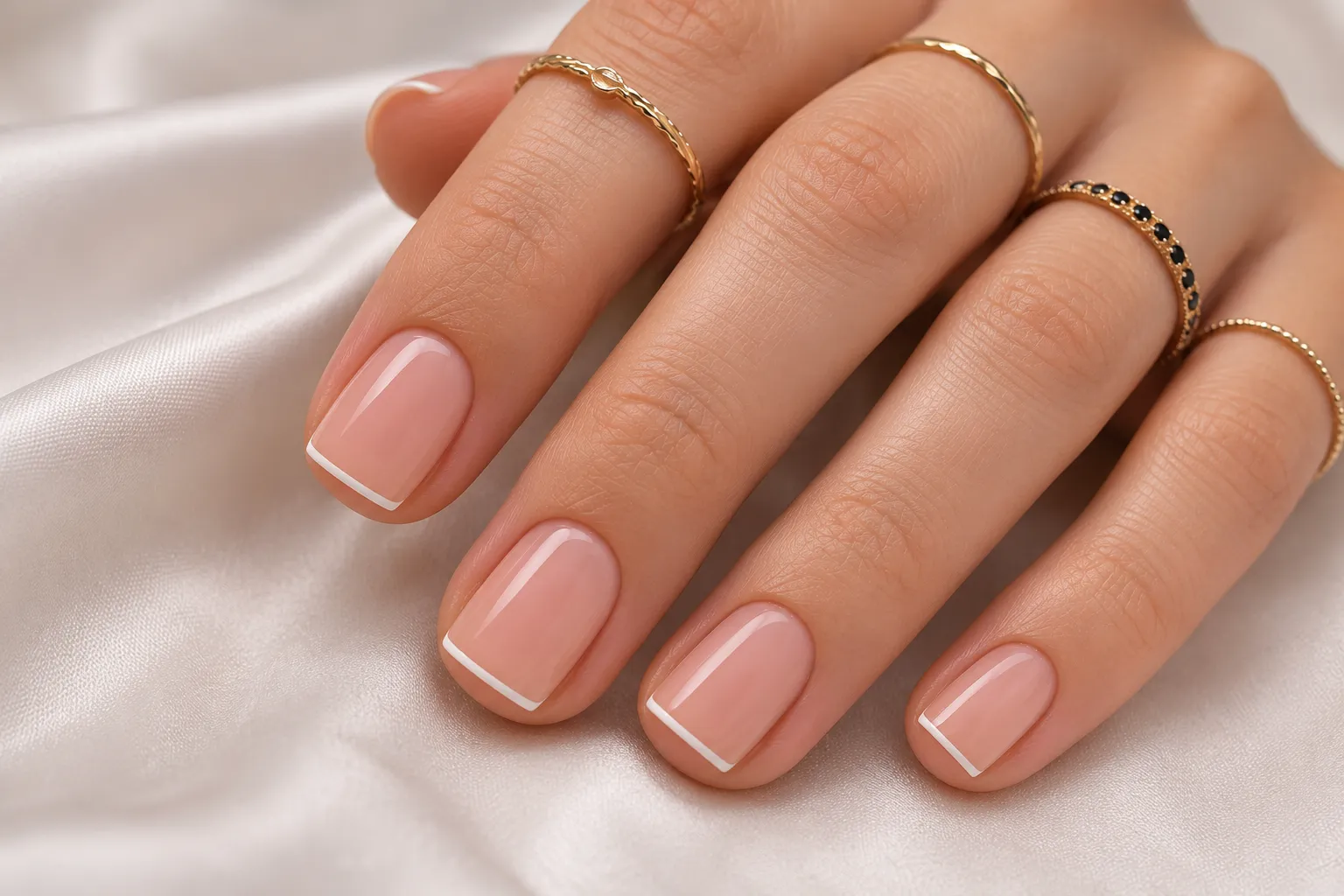 Short true square nails with parallel sidewalls crisp corners and a micro French tip