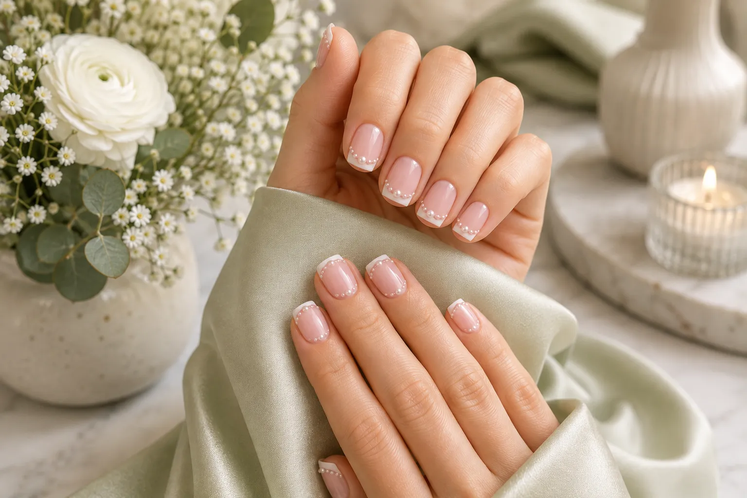 Short squoval French tip nails with delicate micro pearl detail