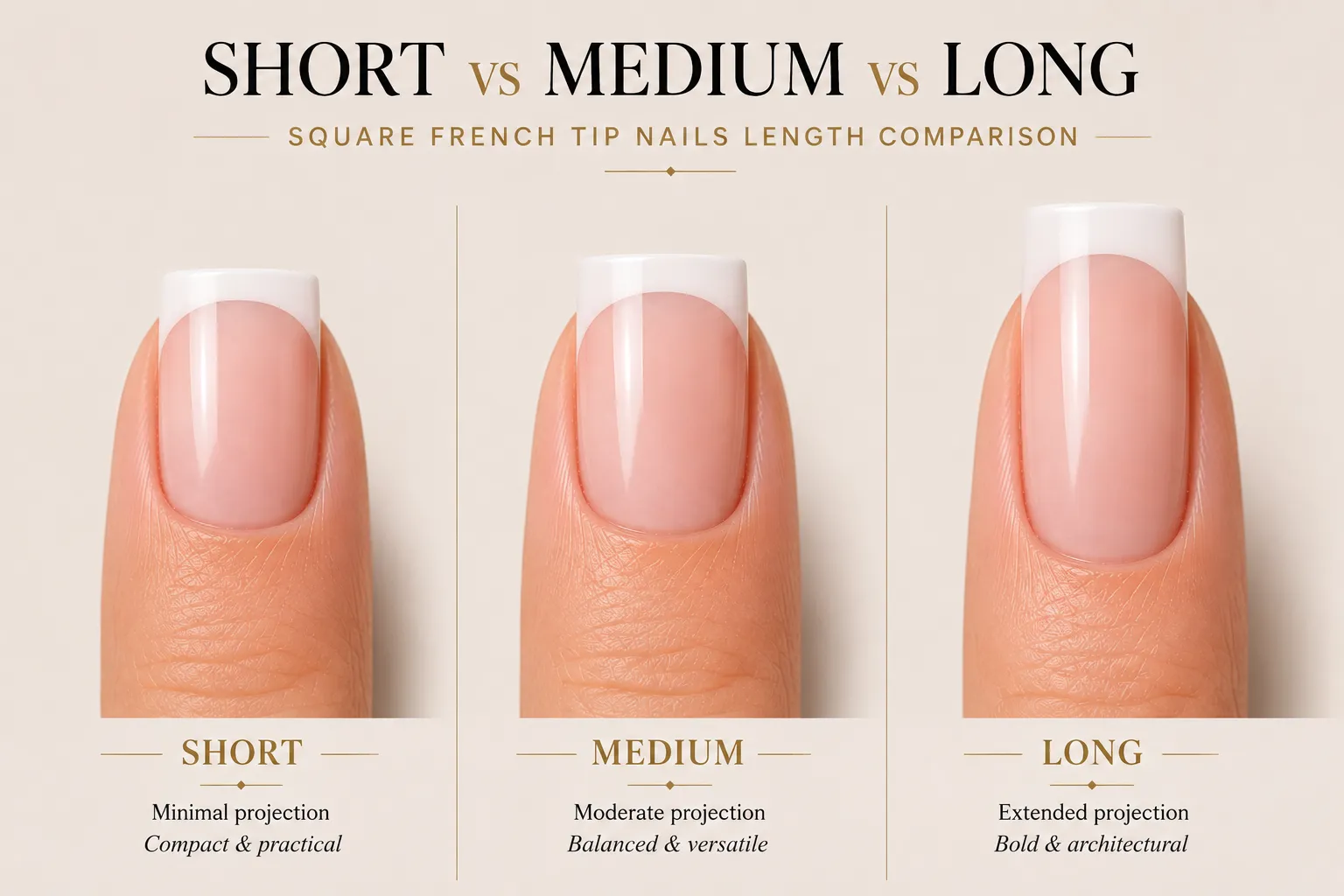 Short medium and long square French tip nails compared side by side with true square geometry
