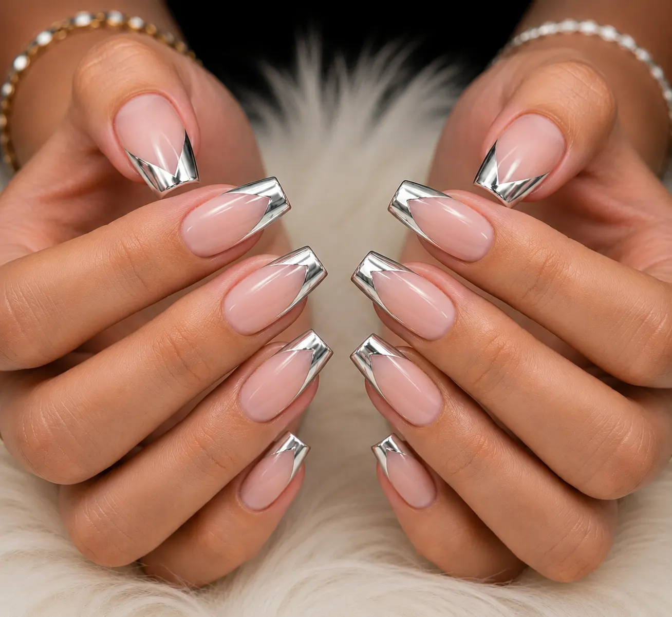 Mirror silver chrome V-cut French tip nails on a nude base