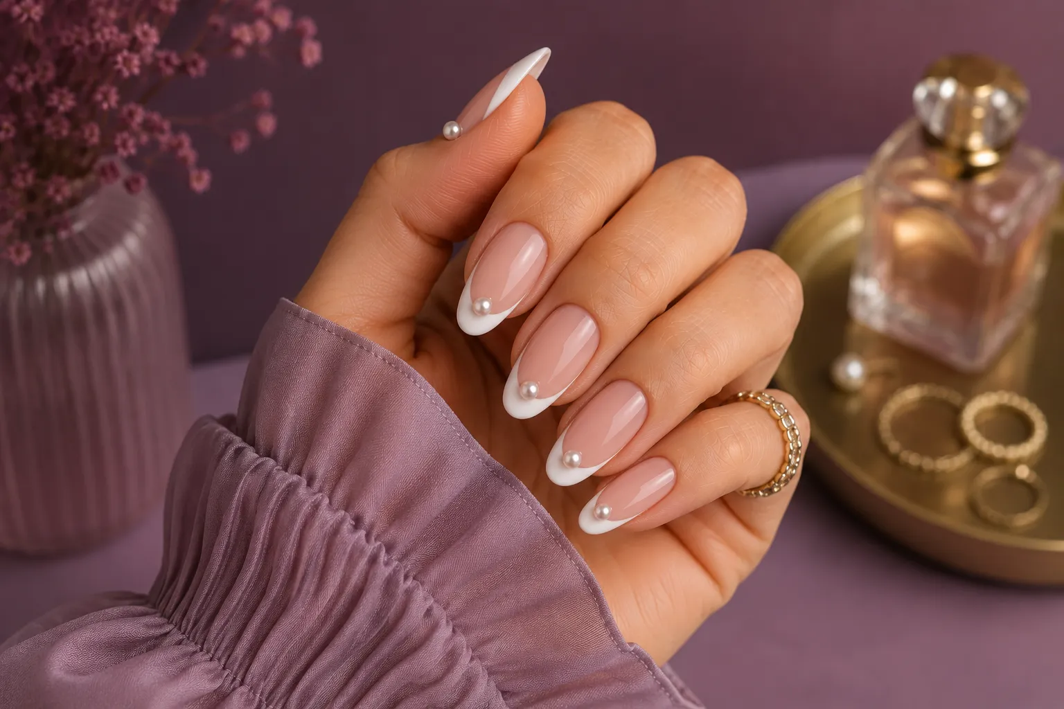 Classic French manicure with one statement ring-finger pearl accent nail