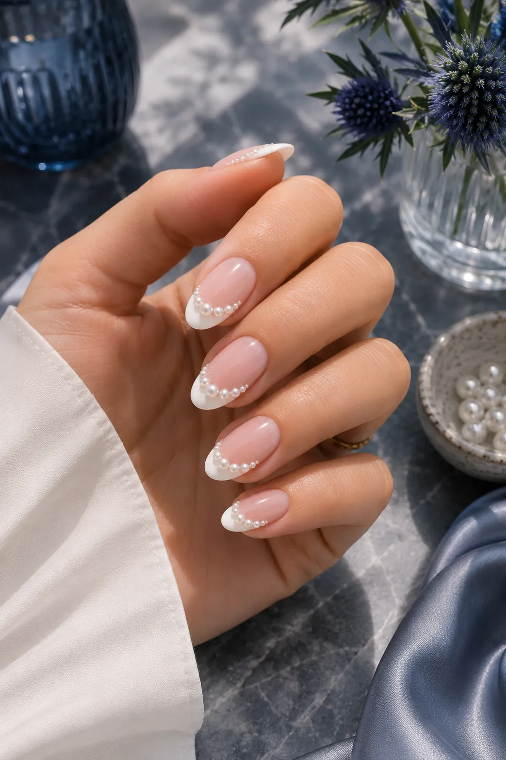 Small 2 to 2.5 millimeter ivory pearls tracing classic French tips on medium almond nails