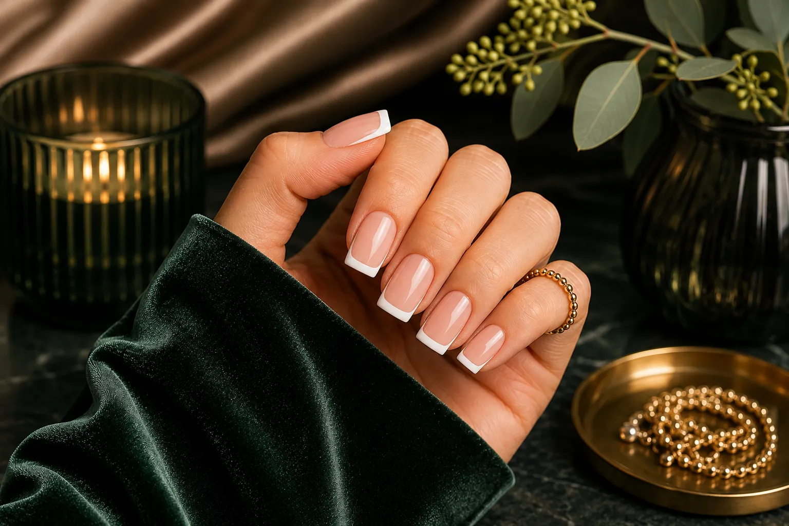 Square French tip nails with straight parallel sidewalls, flat free edges and crisp balanced corners