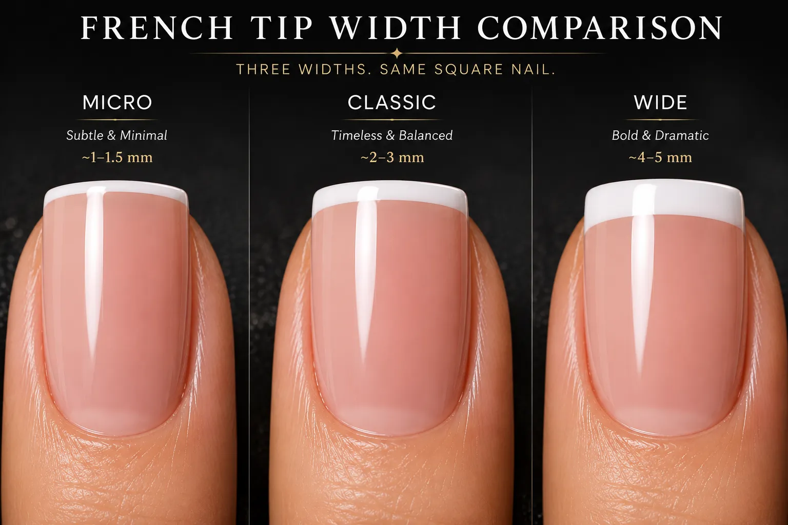 Micro classic and wide French tip widths compared on true square nails