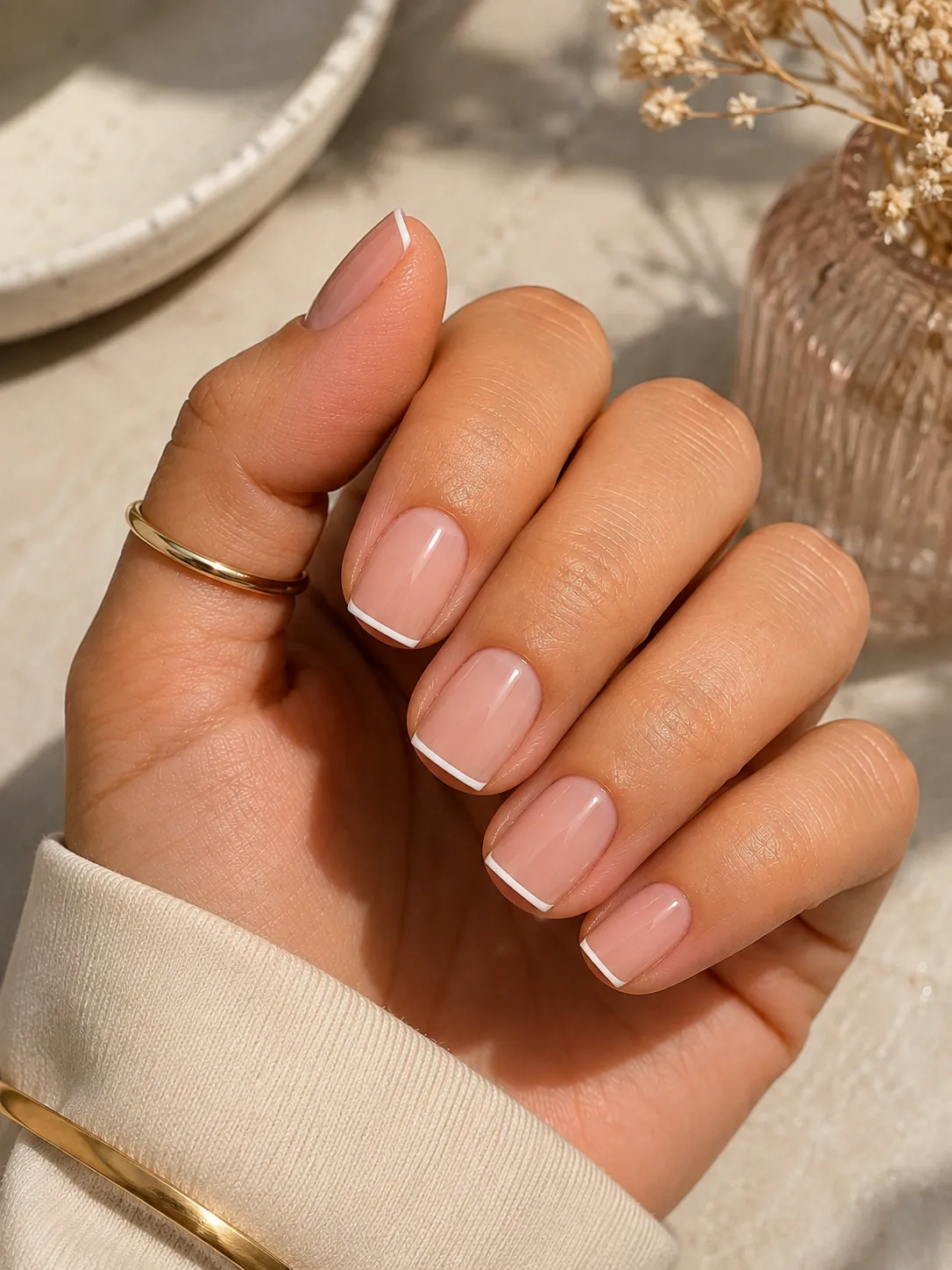 Micro French tips on short true square nails