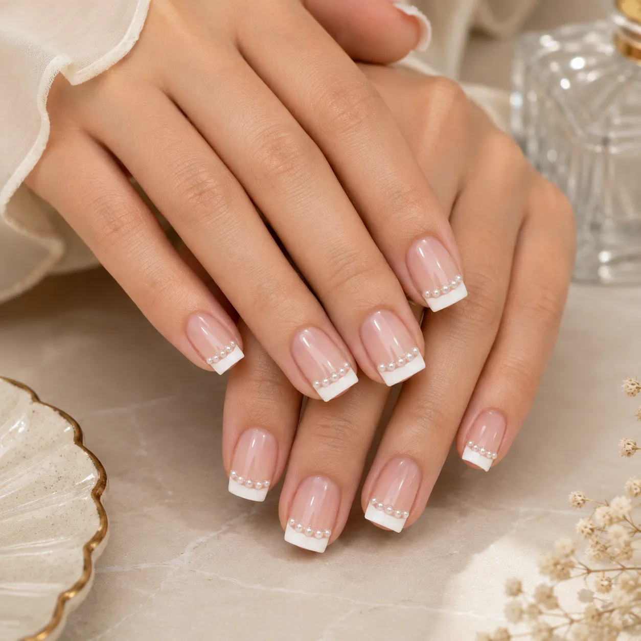 Medium square French tip nails with restrained pearl detailing