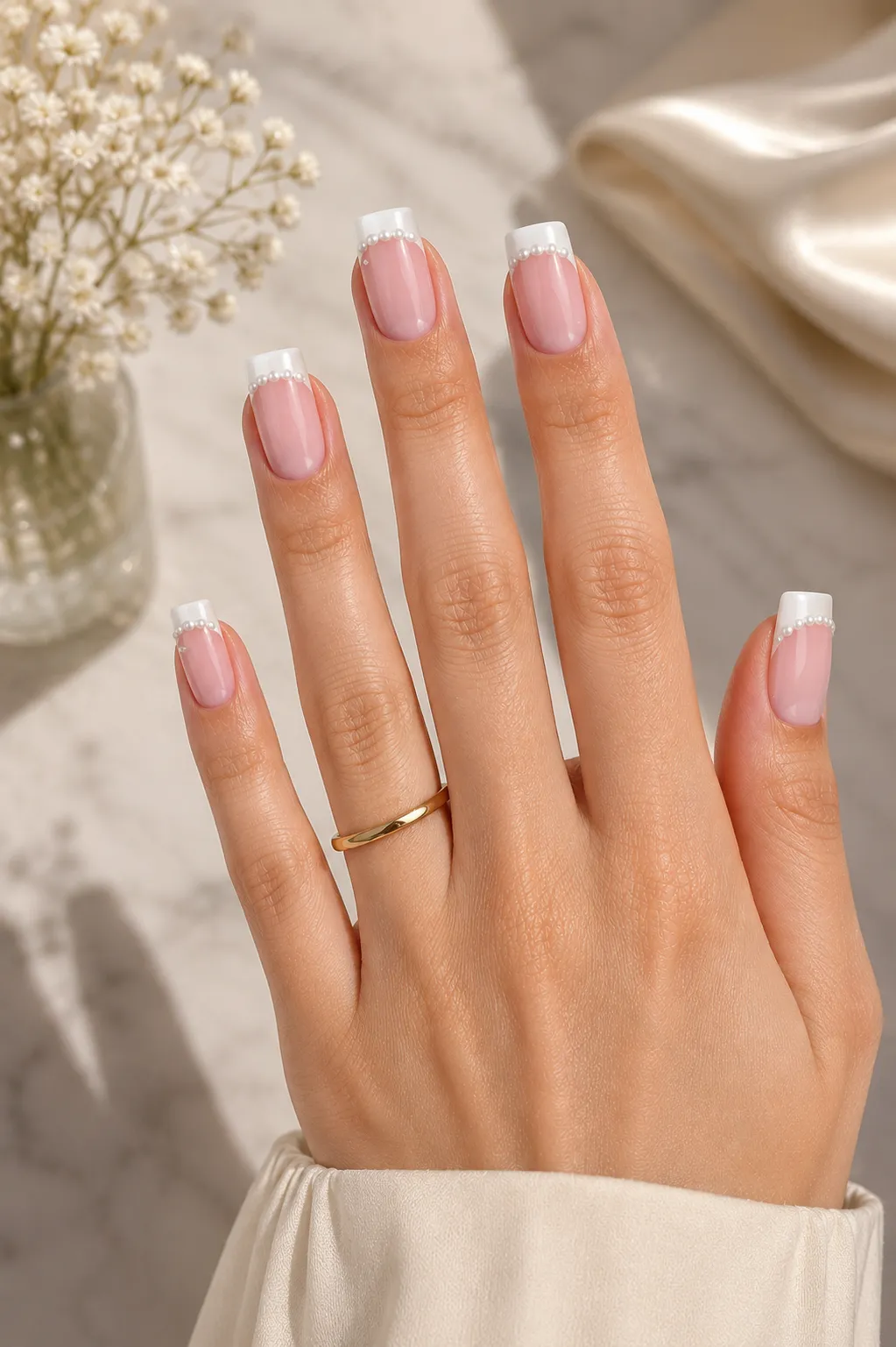 Editorial square French tip nails with crisp parallel sidewalls and flat free edges