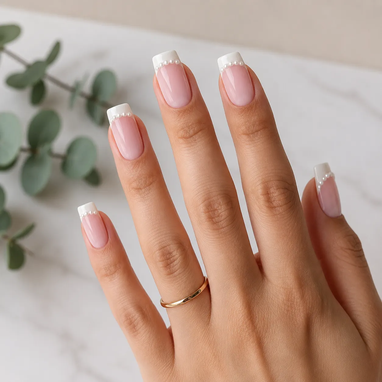 Pearl French tips on true square nails with flat edges