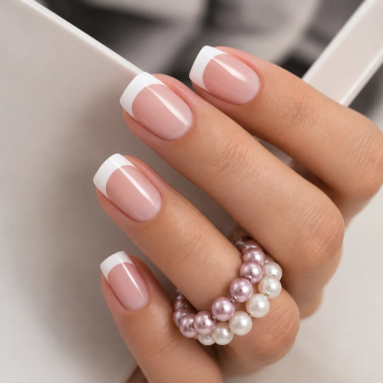 True square nails with a gently curved French smile line and flat physical free edges