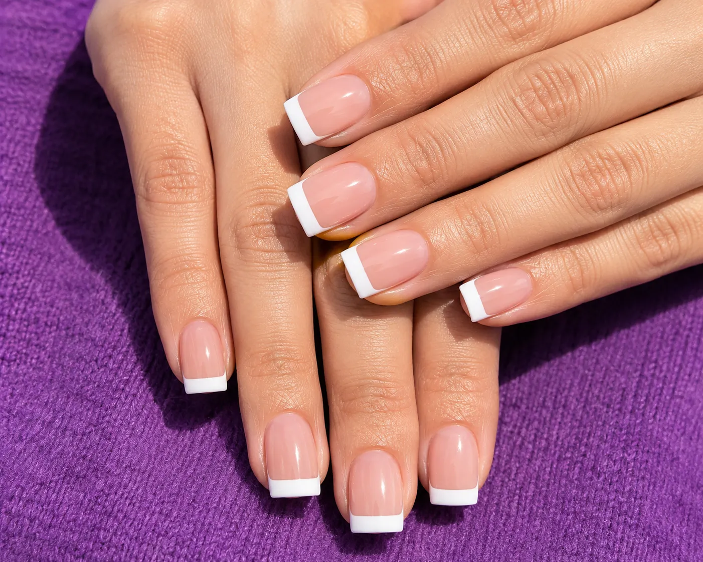 Ultra crisp opaque white French tips on true square nails showing perfectly flat edges parallel sidewalls and balanced corners
