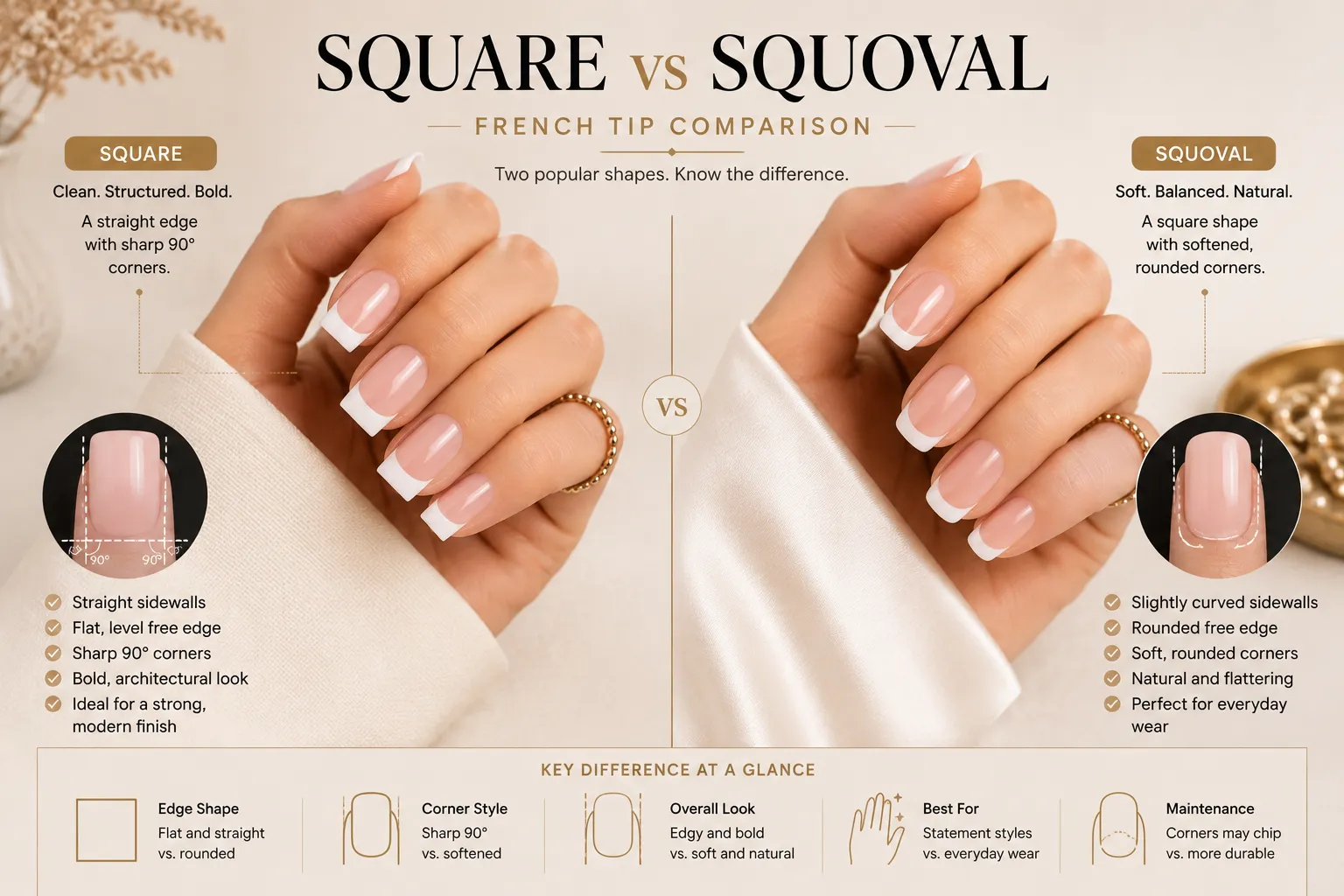 Side by side close-up comparison of square and squoval French tip nails showing crisp versus softened corners