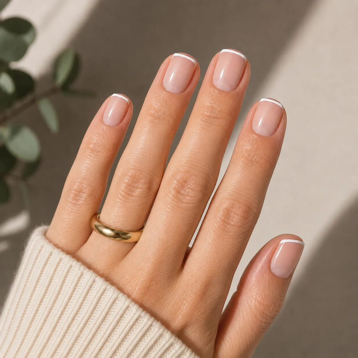 Short squoval nails with precise white micro French tips