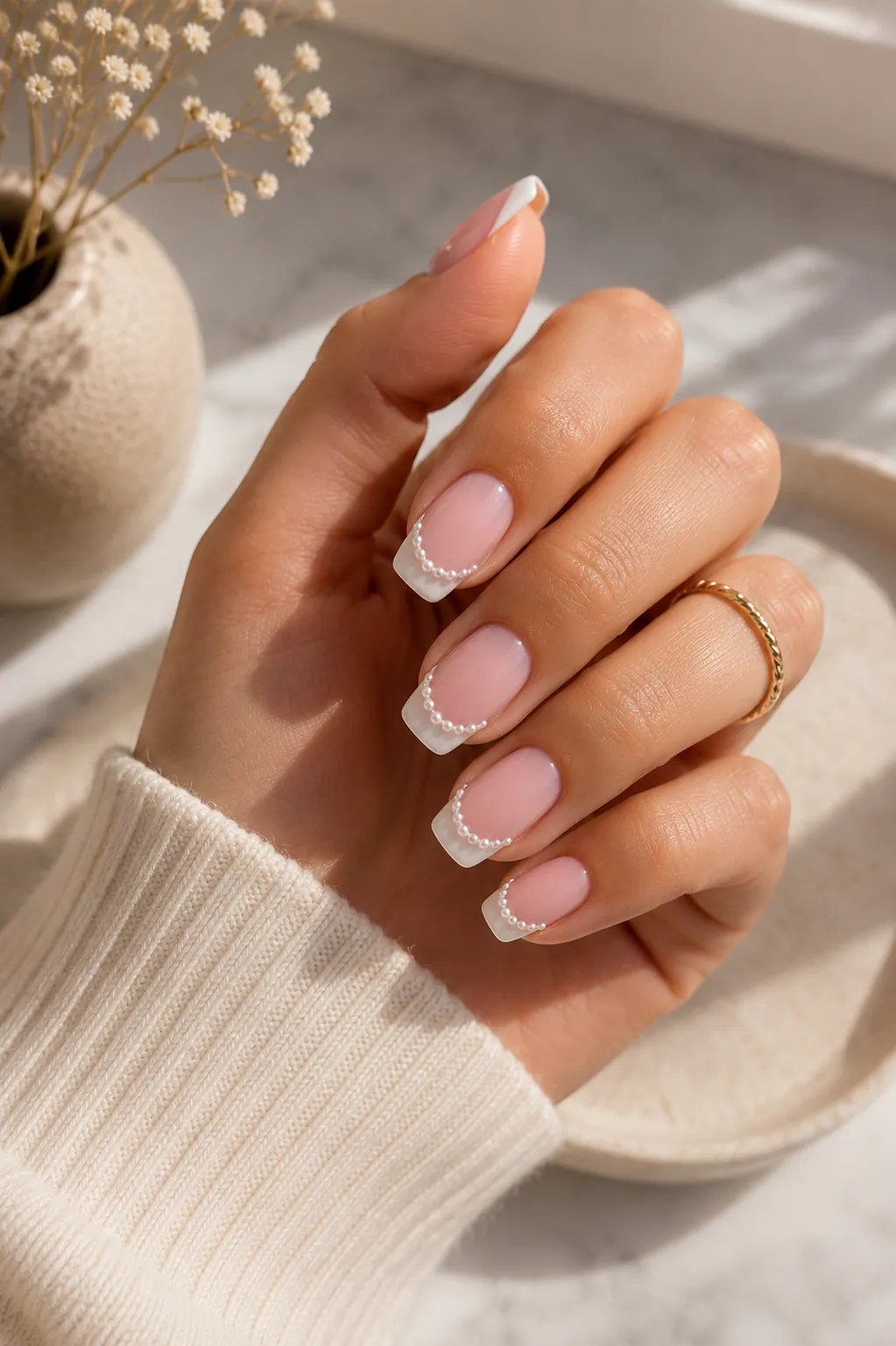 Pearl French tip nails on a squoval shape