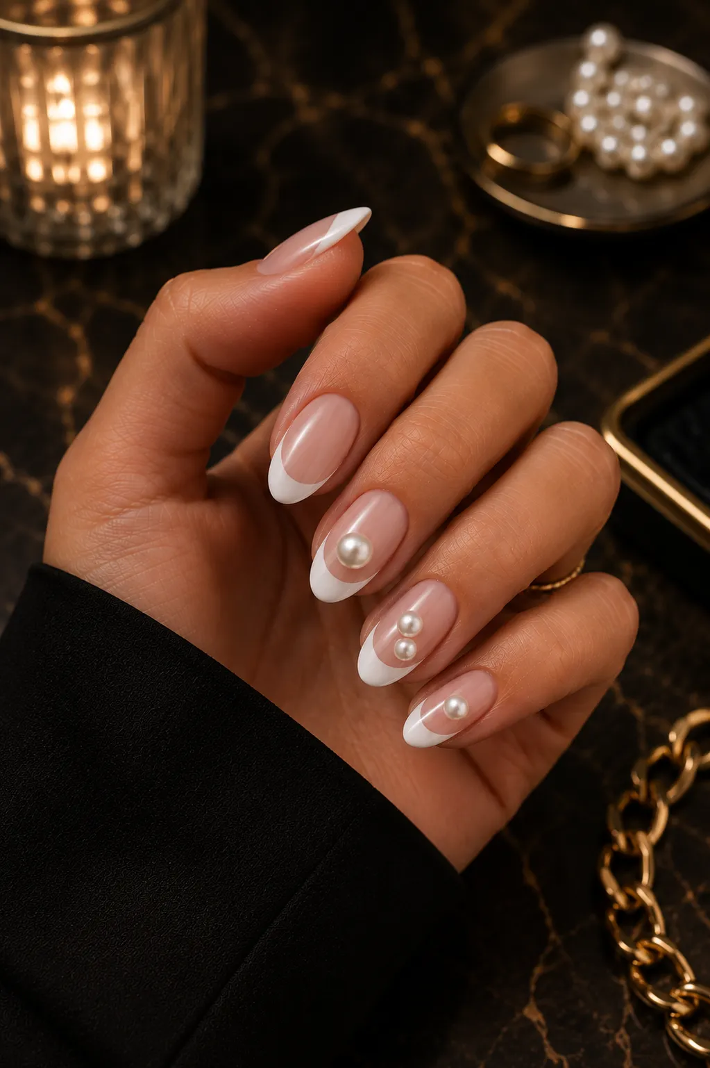 French tip accent nail with larger 3 to 4 millimeter dome pearls