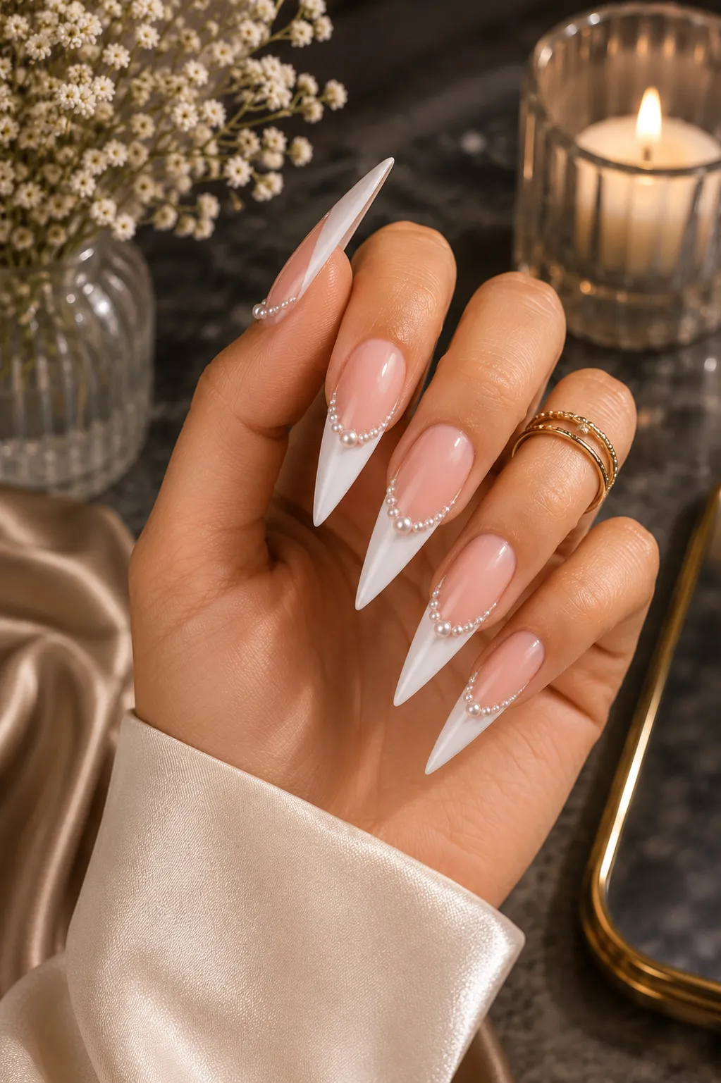 Luxury pearl French manicure with luminous stiletto-pearl-french-tip-nails.