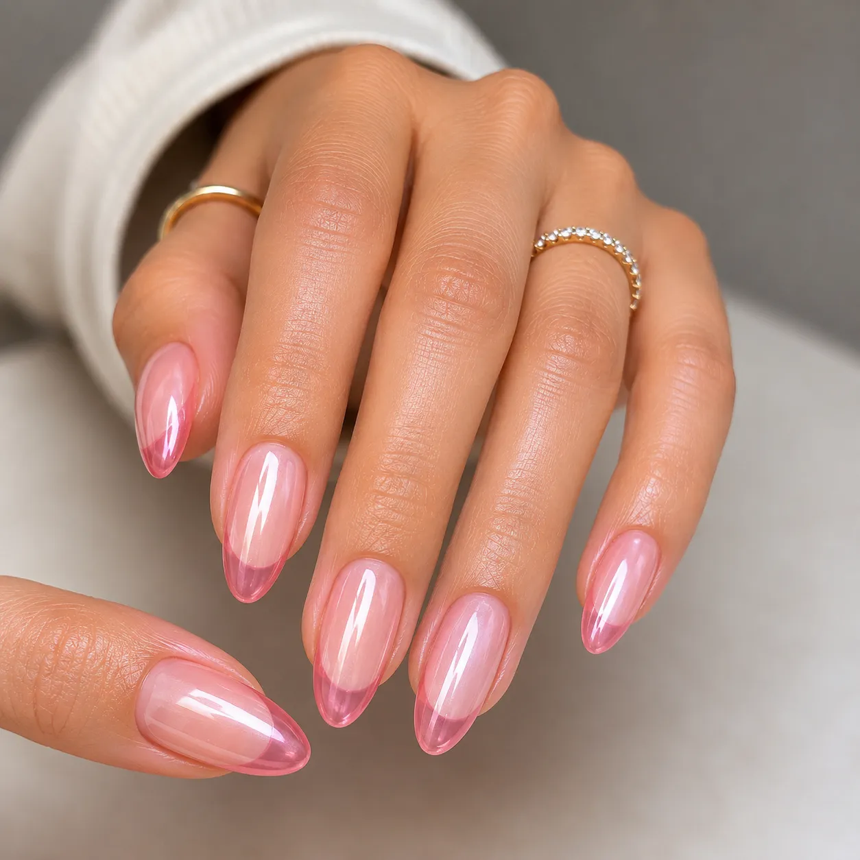 Glazed donut French tips with a soft luminous finish
