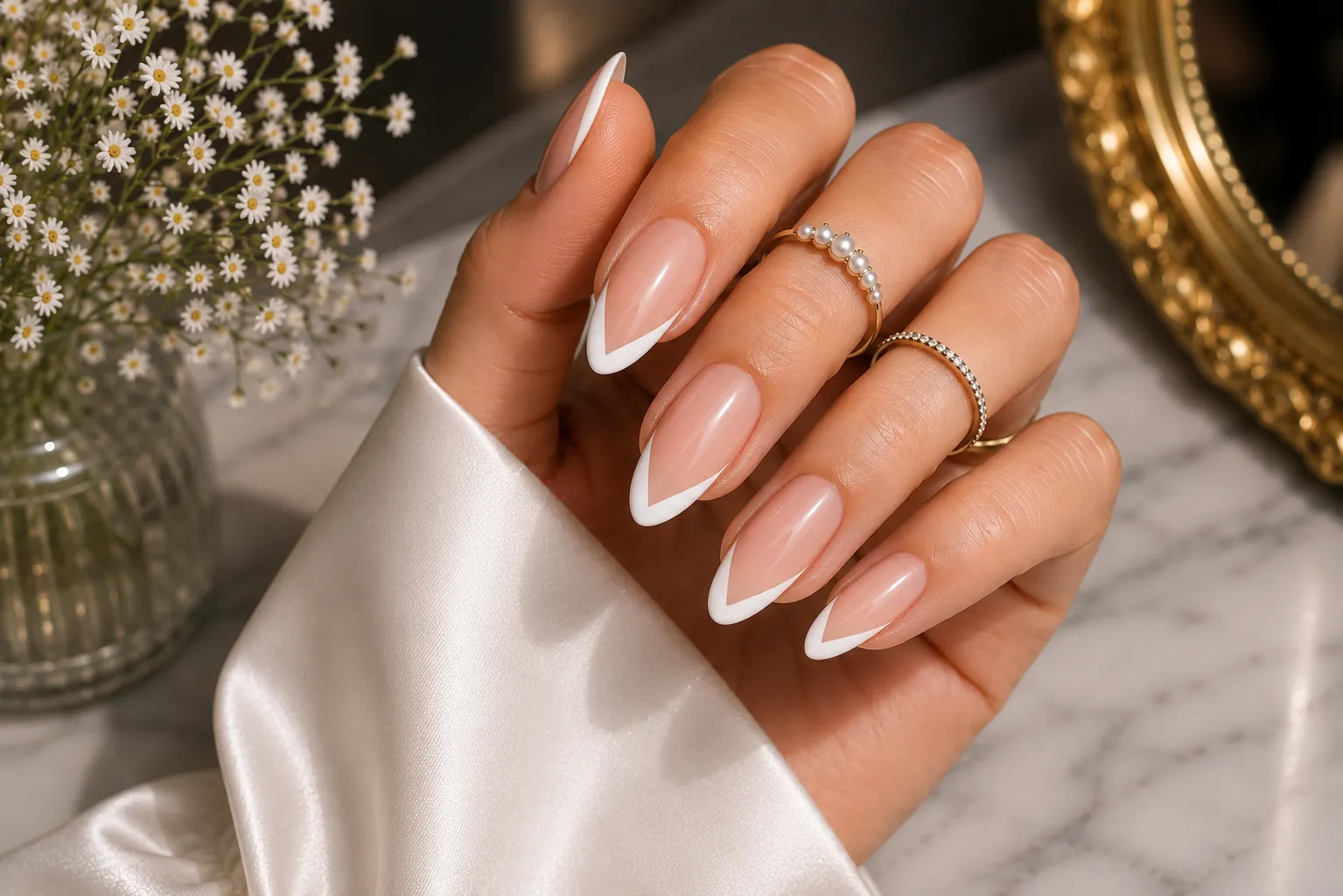 Luxury editorial V-cut French tip nails with crisp centered white chevrons