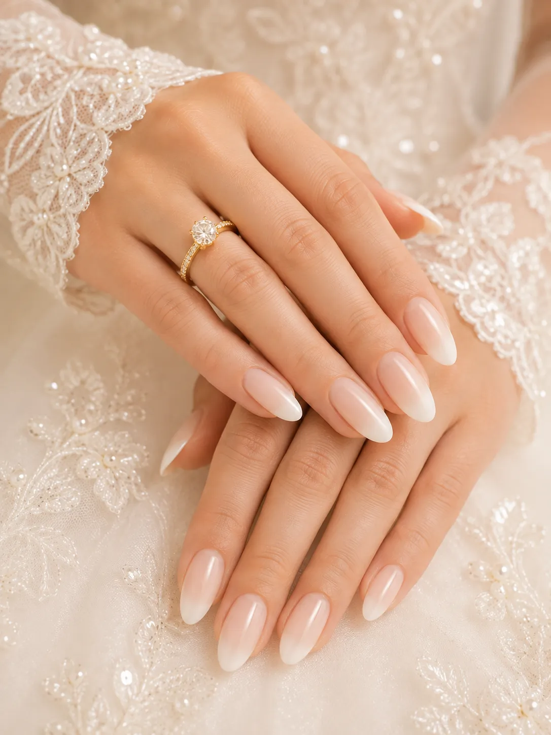 Warm nude Baby Boomer nails beside an ivory wedding dress and yellow gold ring