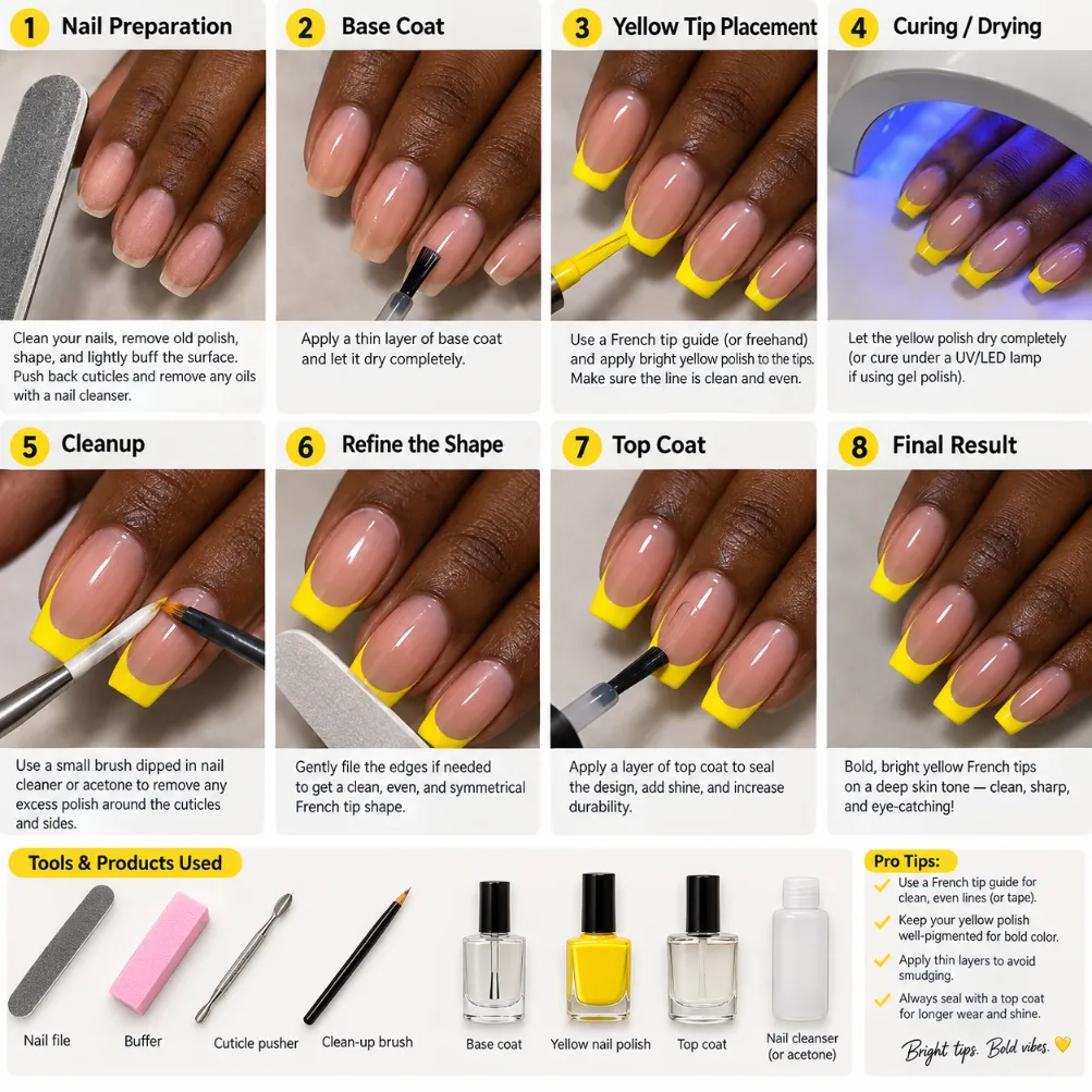 Step-by-step yellow French tip application showing nail preparation, yellow tip placement, cleanup, and finishing