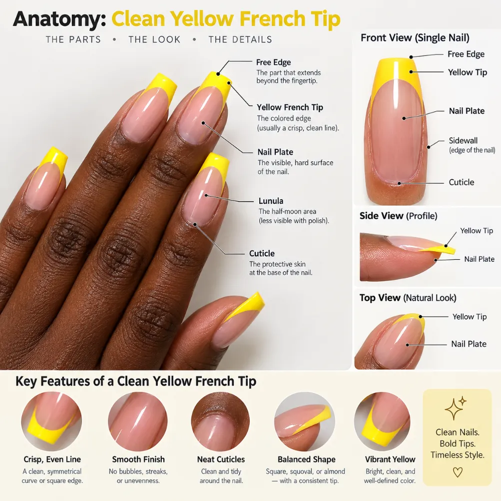 Anatomy of a clean yellow French tip showing the smile line, sidewalls, free edge, and tip width