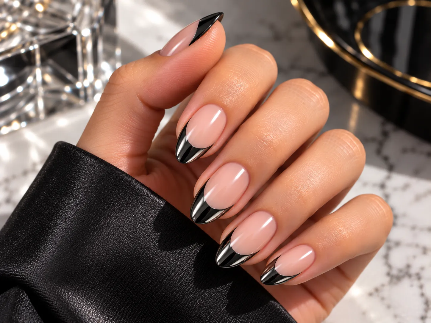 Black chrome French tip nails with metallic reflective edges