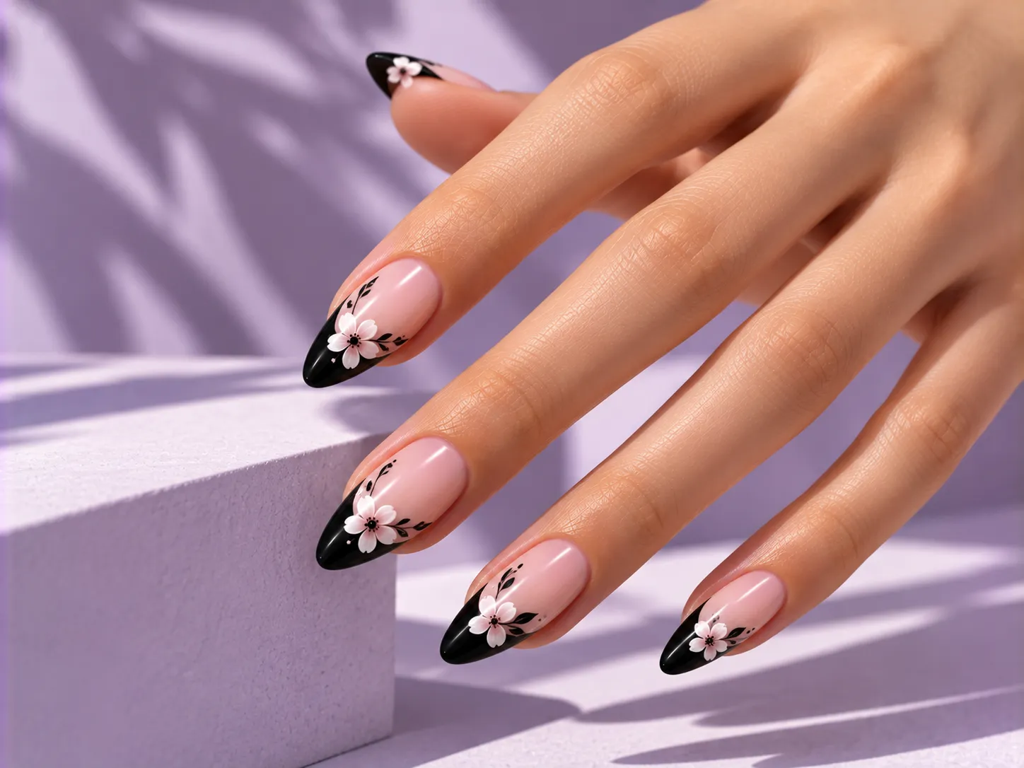 Black French tip nails with delicate black floral accents