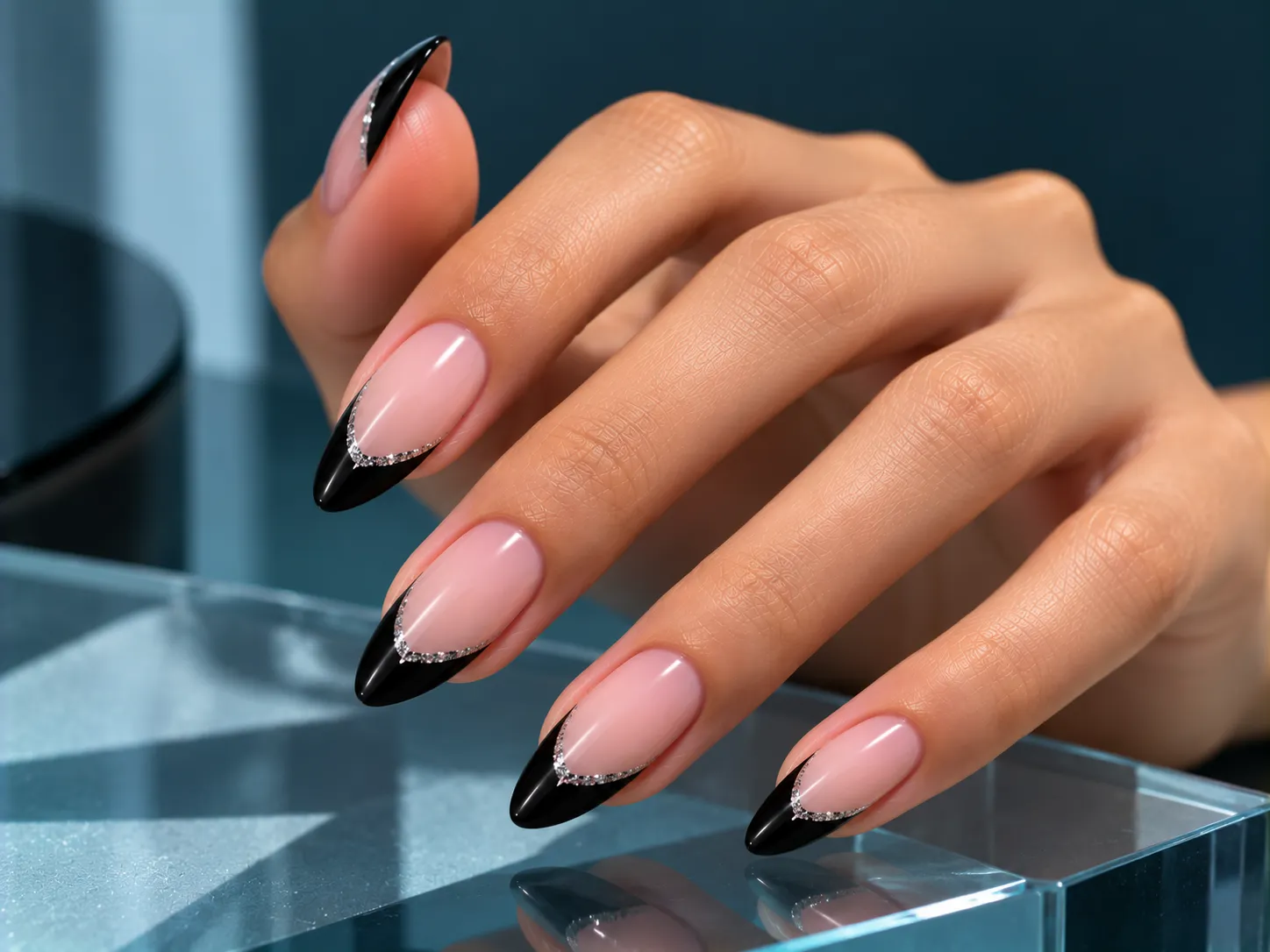 Black French tip nails with a fine glitter line along the black edge