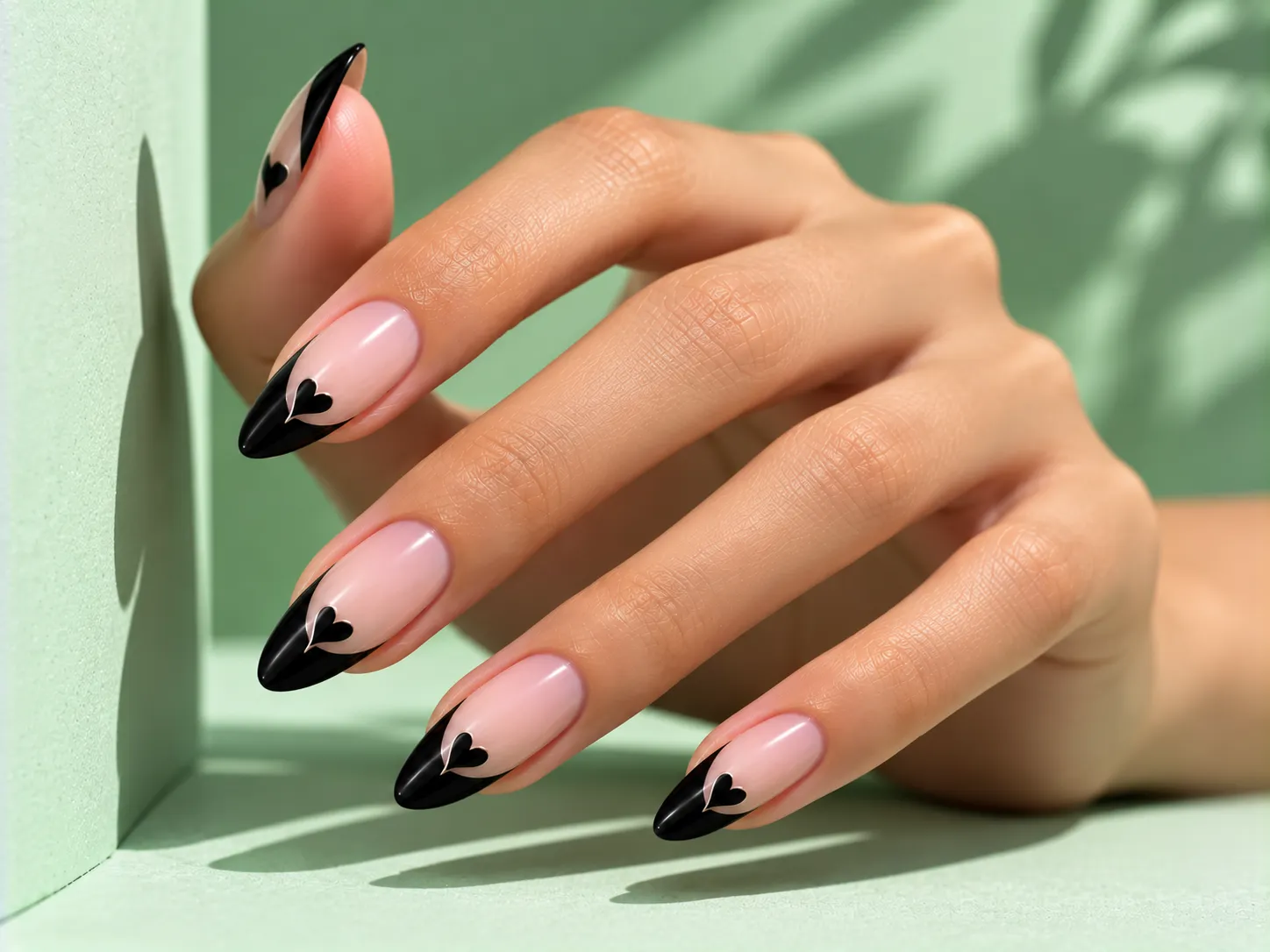 Black French tip nails with a tiny heart accent