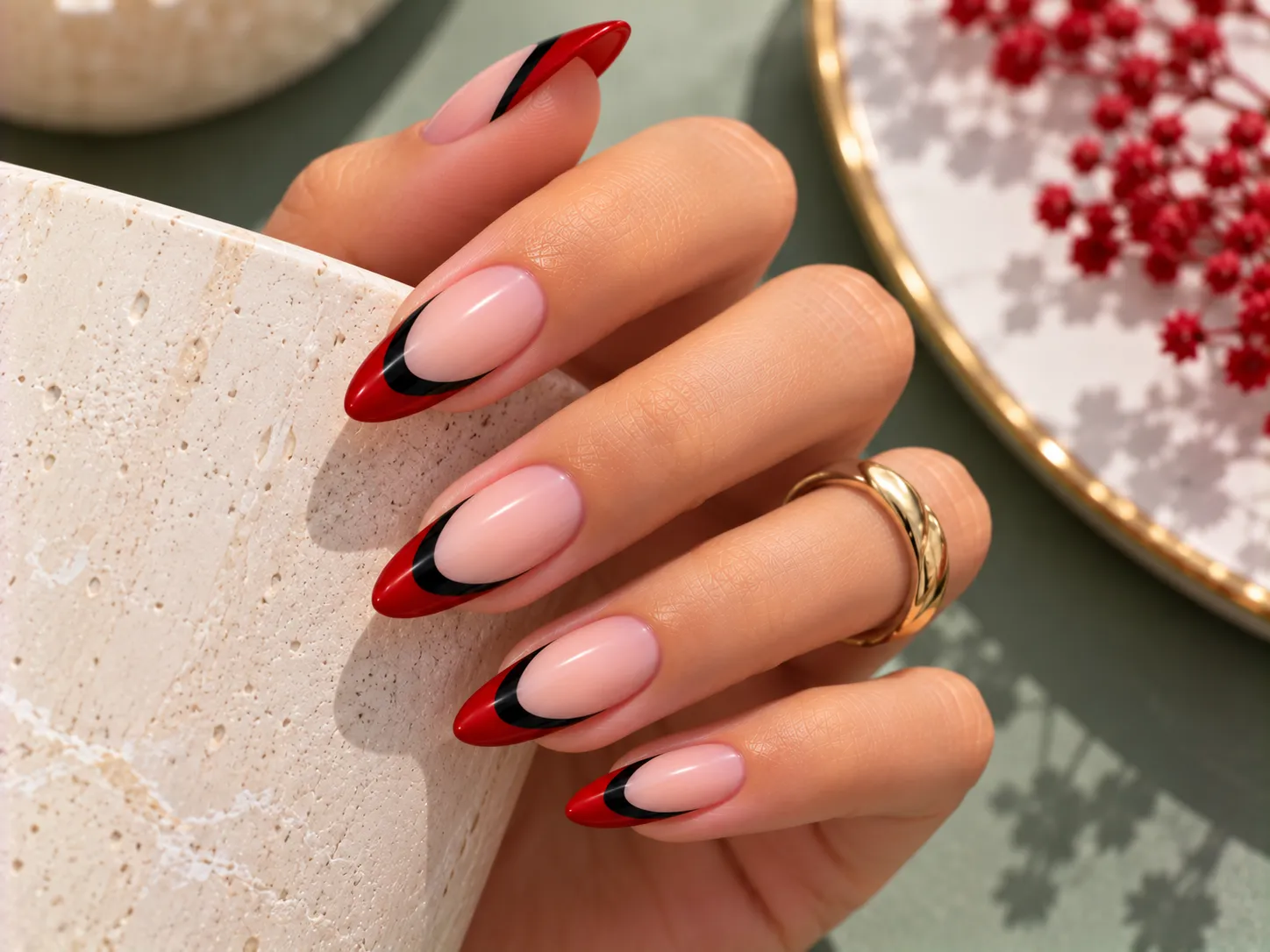 Glossy black French tip nails with clean black edges and a sheer neutral base