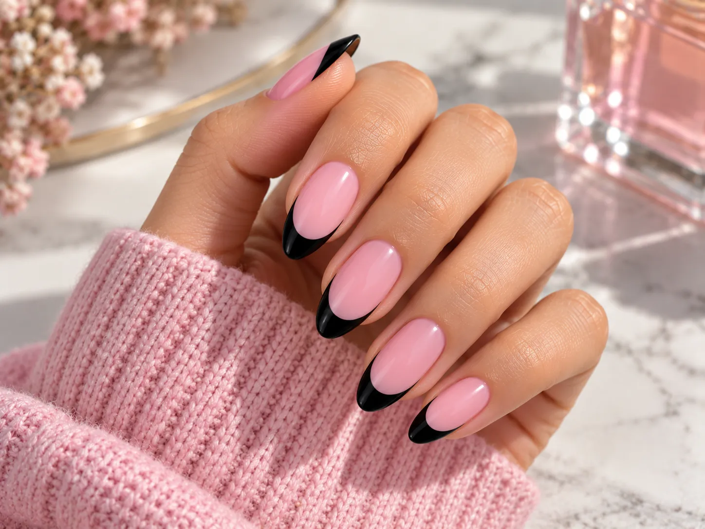 Black French tip nails over a sheer pink base