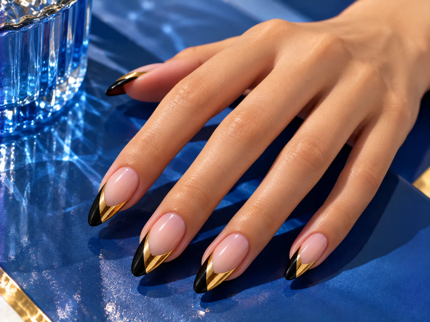 Black and gold French tip nails with a fine metallic gold border